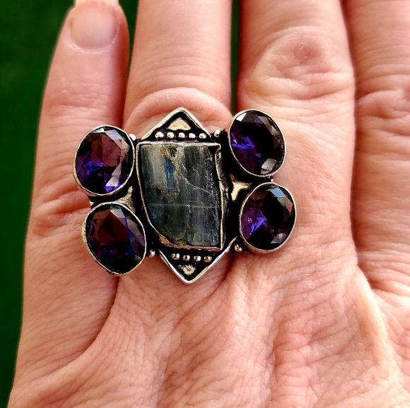 New Natural Kyanite & Amethyst 925 Silver Ring. - Picture 5 of 8